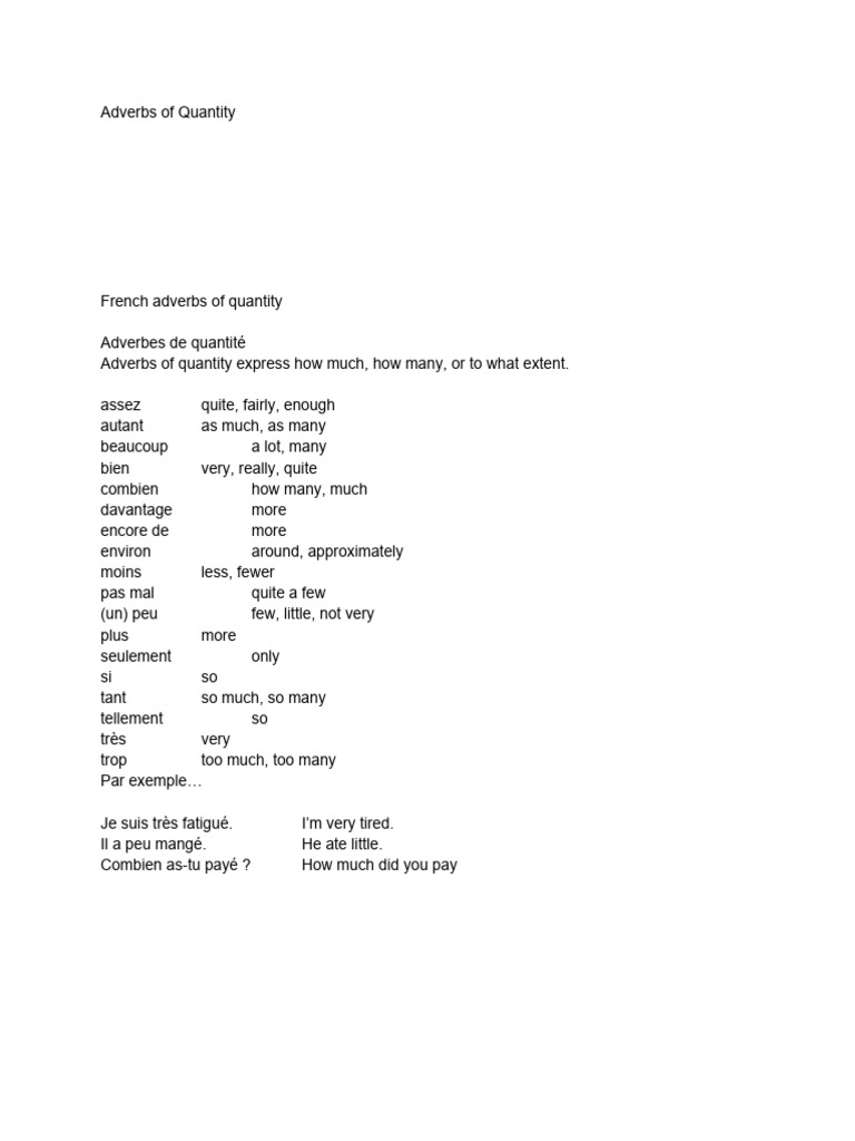French Adverbs of Quantity Explained | PDF