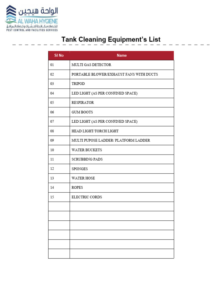 Tank Cleaning Equipment List PDF