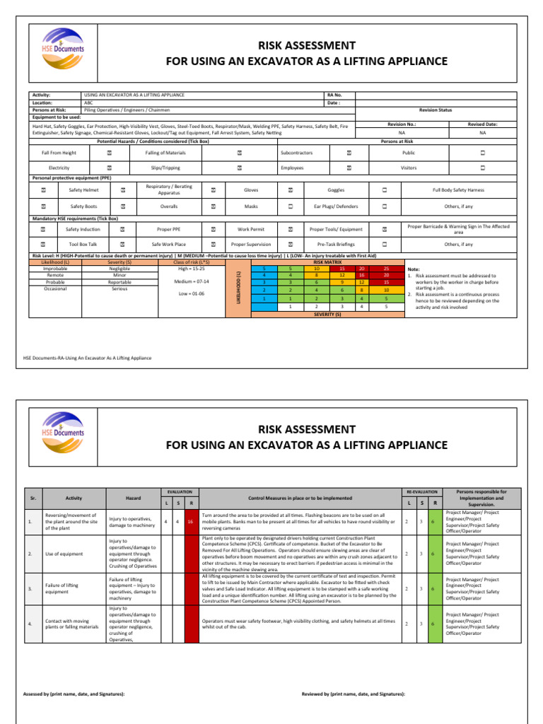 Excavator Lifting Risk Assessment | PDF | Personal Protective Equipment ...