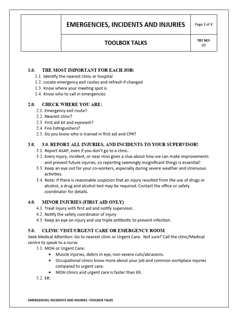 Emergencies, Incidents and InjuriesToolbox Talks PDF First Aid