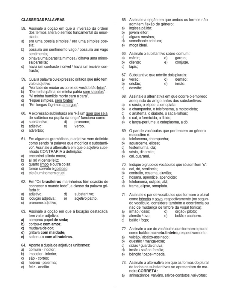 Exercícios sobre Classes Gramaticais | PDF | Pronome | Palavra