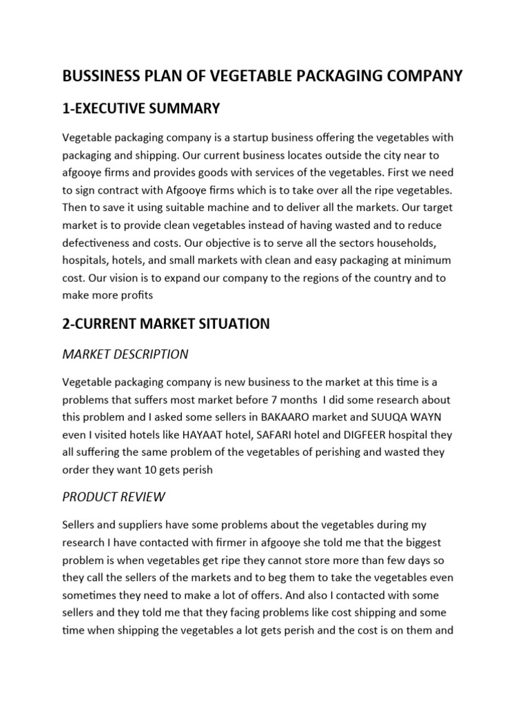 BUSSINESS PLAN OF VEGETABLE PACKAGING COMPANY PDF