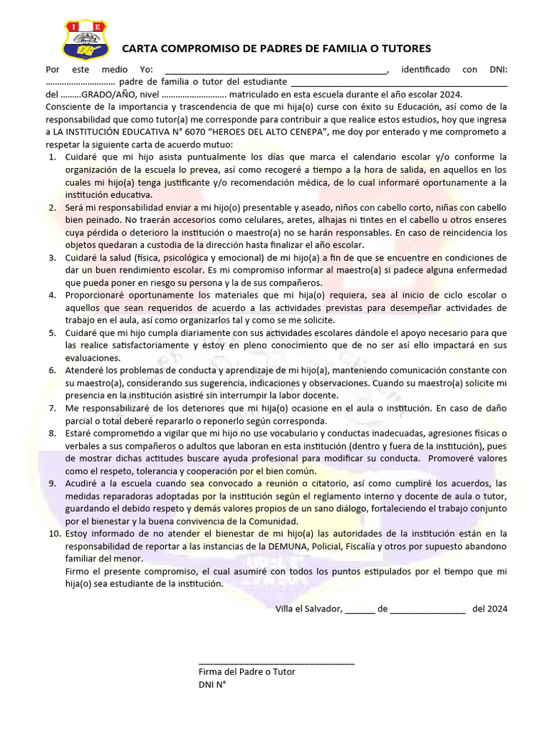 Carta Compromiso de Padres para Escuela 2024 | PDF | Salud y bienestar