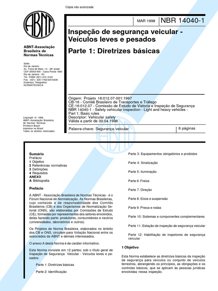 NBR 14040-01 - 1998 - Inspeção de Segurança Veicular - Diretrizes | PDF