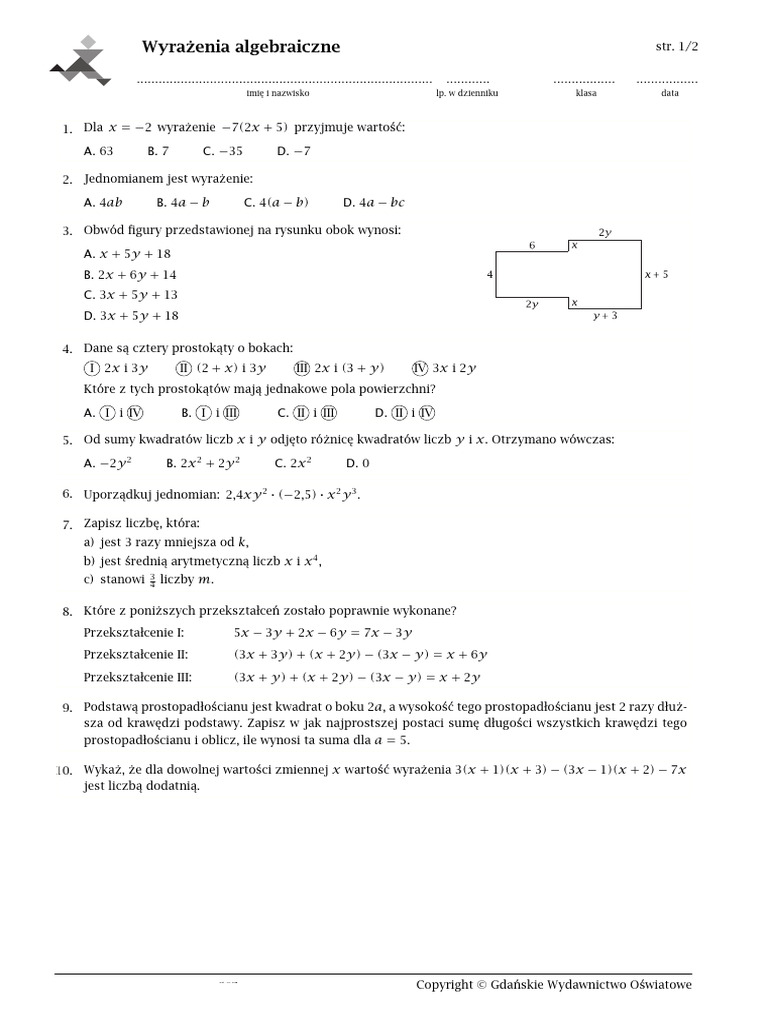 Wyrażenia Algebraiczne I Równania Klasa 8 Zadania 7 Klasa Karta Pracy Wyrażenia Algebraiczne | PDF