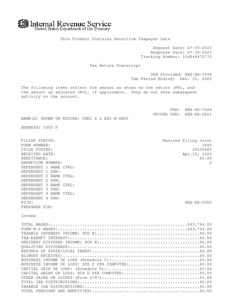 202212_Tax Return Transcript_DAVI_104844472775 | PDF | Tax Deduction ...