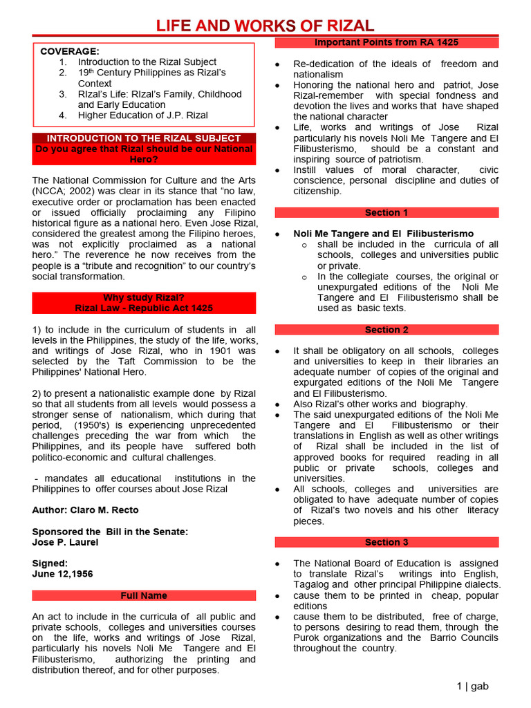 RIZAL Lectures | PDF | Philippines