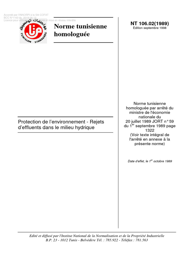 Norme NT 106.02 : Rejets d'effluents | PDF | Composés chimiques ...
