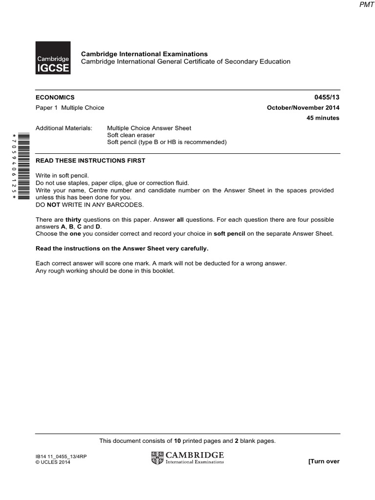 Cambridge IGCSE Economics MCQ Paper | PDF | Taxes | Gross Domestic Product
