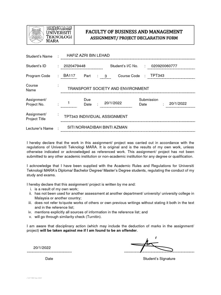 Assignment Declaration Form Template | PDF