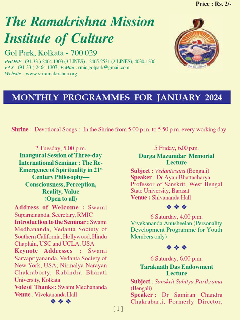 RMIC January 2024 Monthly Programs | PDF | Swami Vivekananda ...