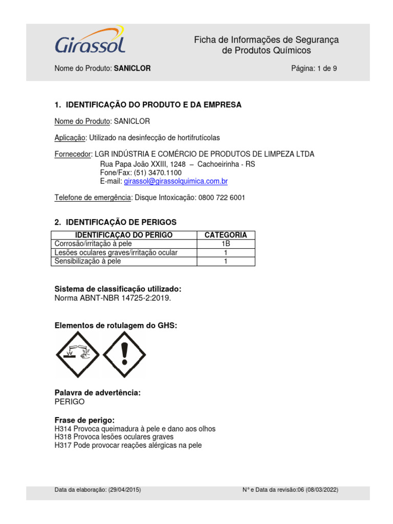 FISPQ Saniclor NBR 14725-2019 Rev6 | PDF