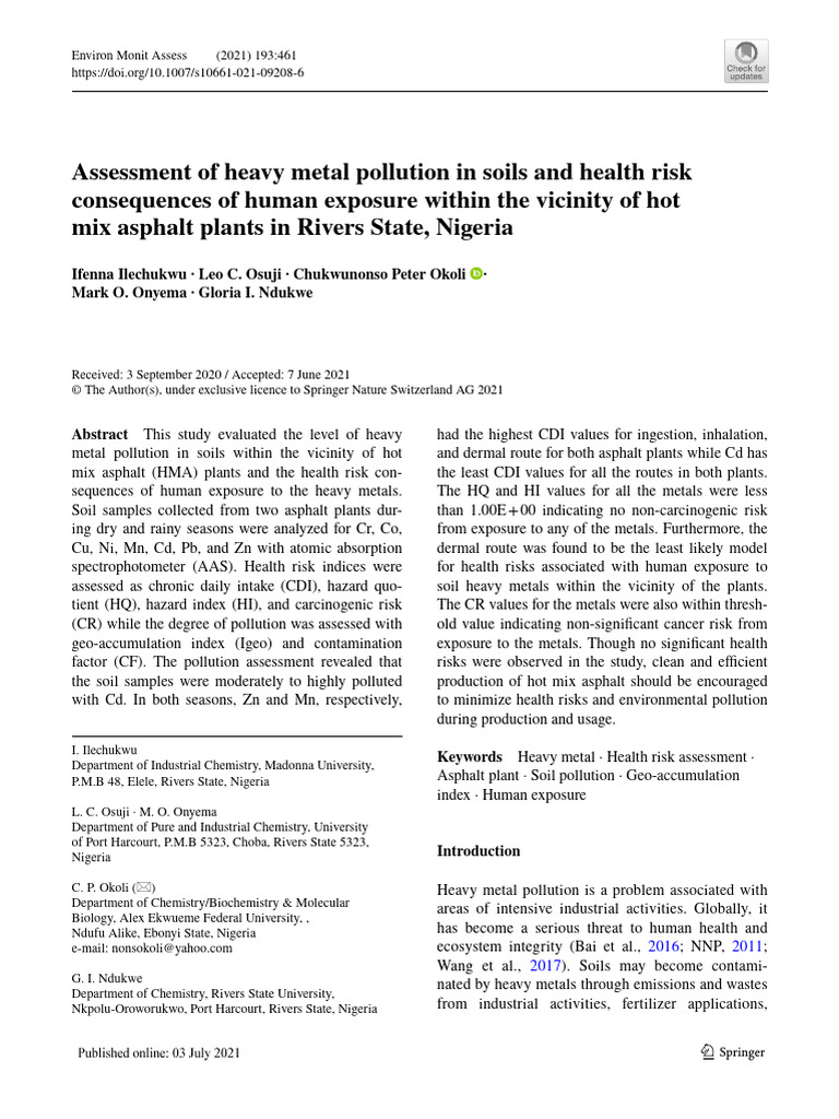 Assessment of Heavy Metal Pollution in Soils and Health Risk | PDF ...