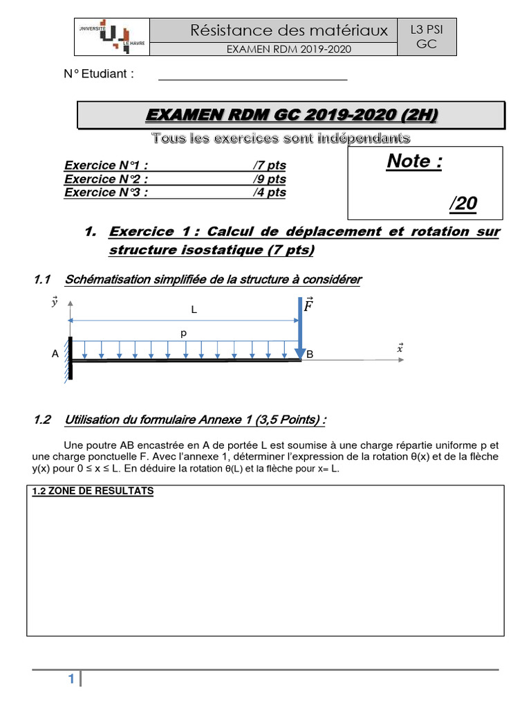 Examen RDM 2019-2020 : Corrigé et Exercices | PDF | Résistance des ...