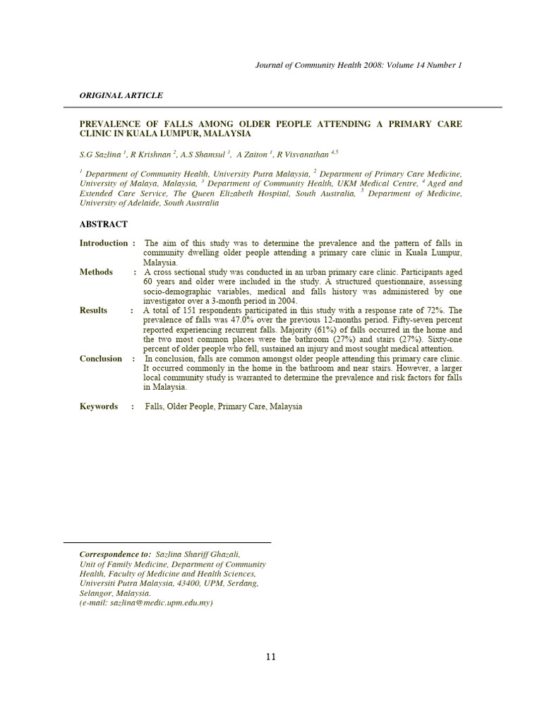 Falls in The Elderly - Sazlina | PDF | Clinic | Human Diseases And ...