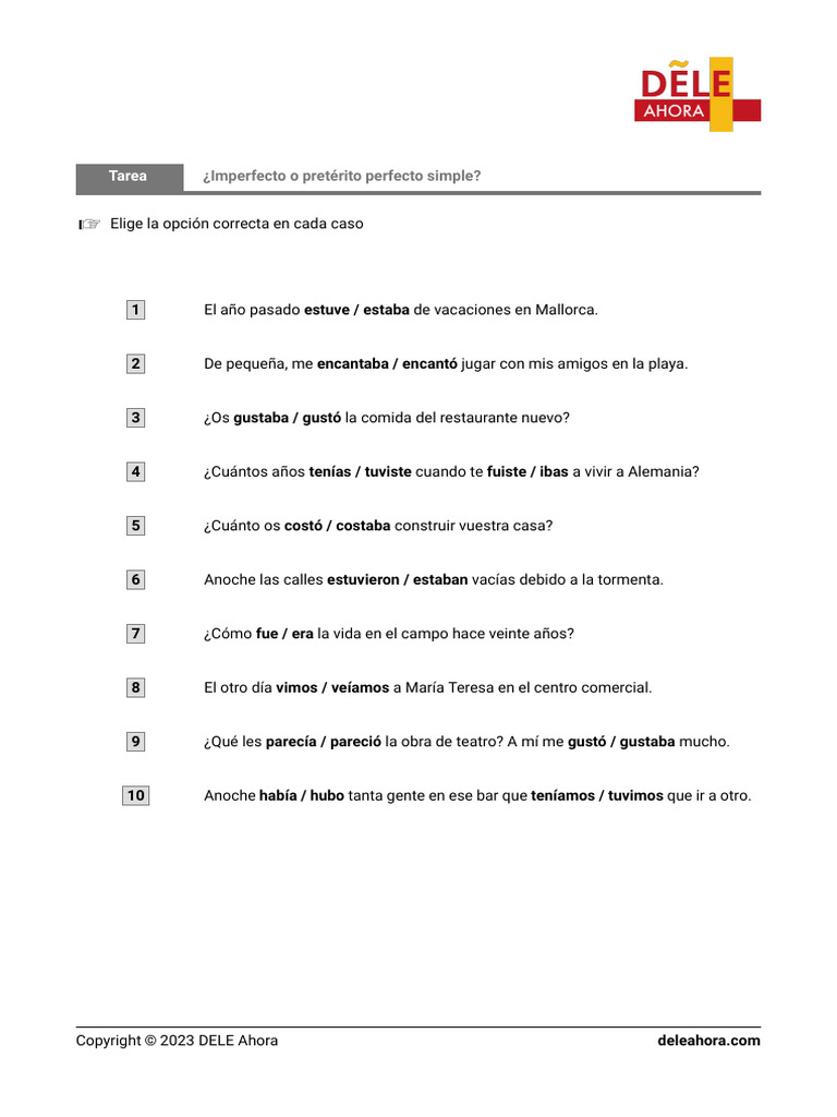 Imperfecto o Preterito Perfecto Simple | PDF
