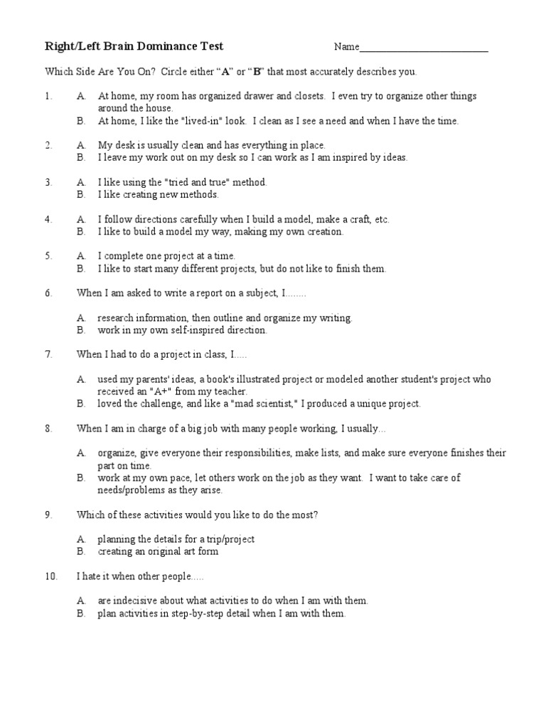 Left/Right Brain Dominance Test | PDF | Lateralization Of Brain ...