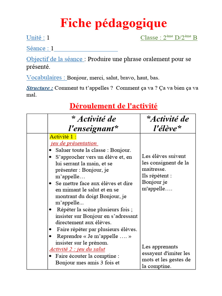 Fiche Pédagogique : Présentations en Classe | PDF