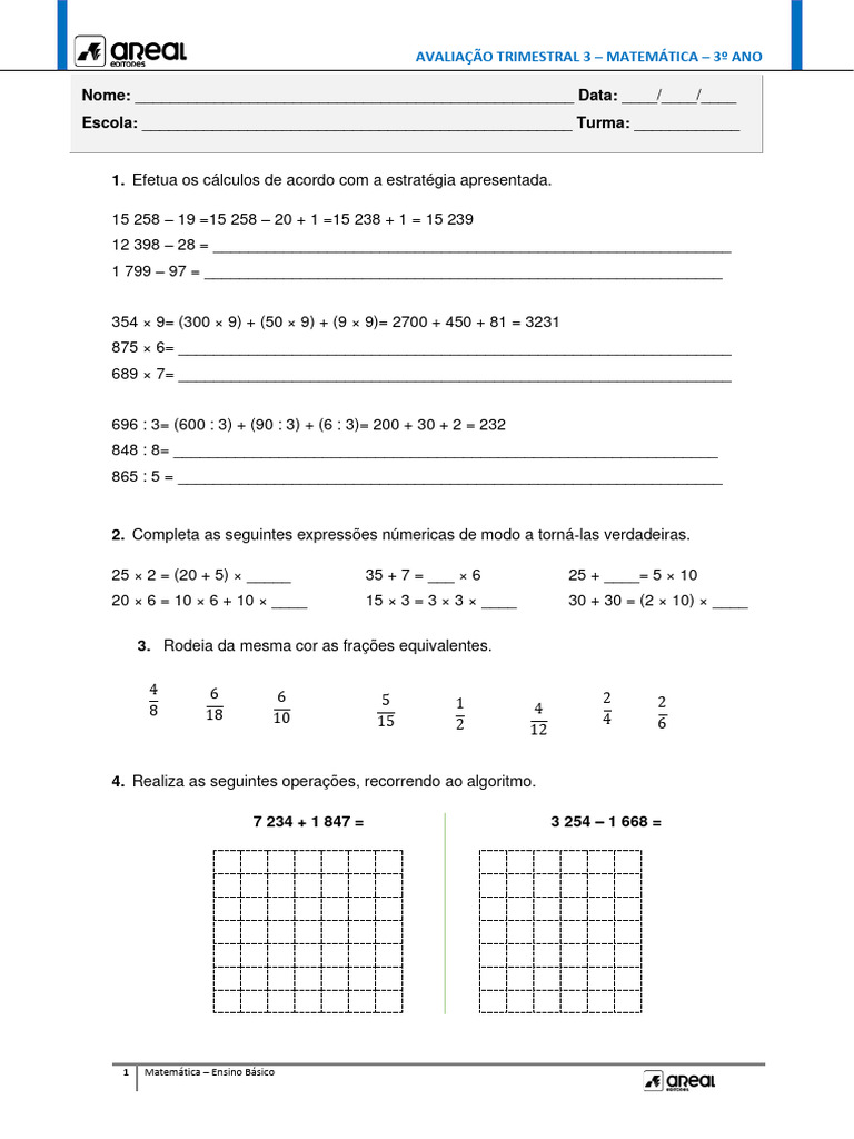 Avaliação Trimestral de Matemática 3º Ano | PDF