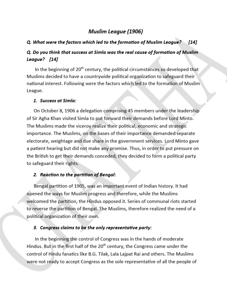 Formation of Muslim League | Download Free PDF | Partition Of India ...
