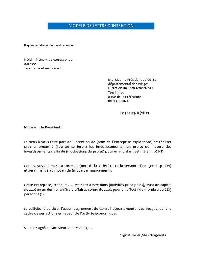Modèle de lettre d'intention professionnelle PDF — free download