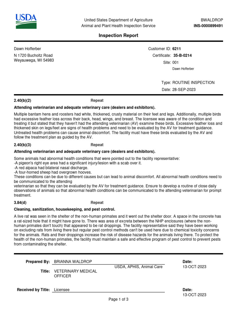 Animal Facility Inspection Report | PDF | Law | Technology & Engineering