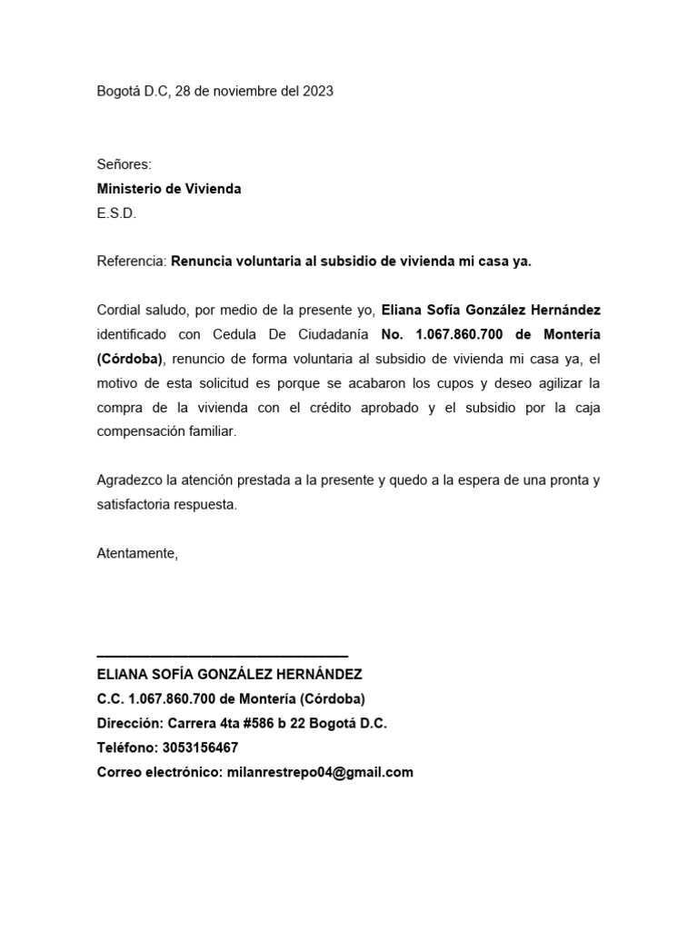 Renuncia Voluntaria Al Subsidio de Vivienda Mi Casa Ya | PDF | Derecho