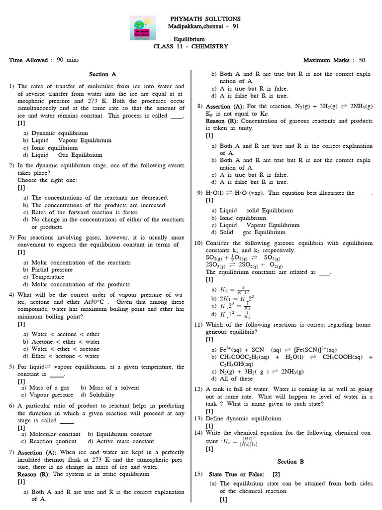 Equilibrium Test | PDF | Chemical Equilibrium | Mechanical Engineering