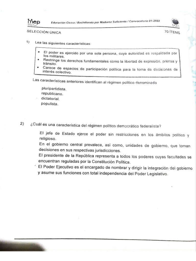 Exámen Cívica 01-22 BXM | PDF