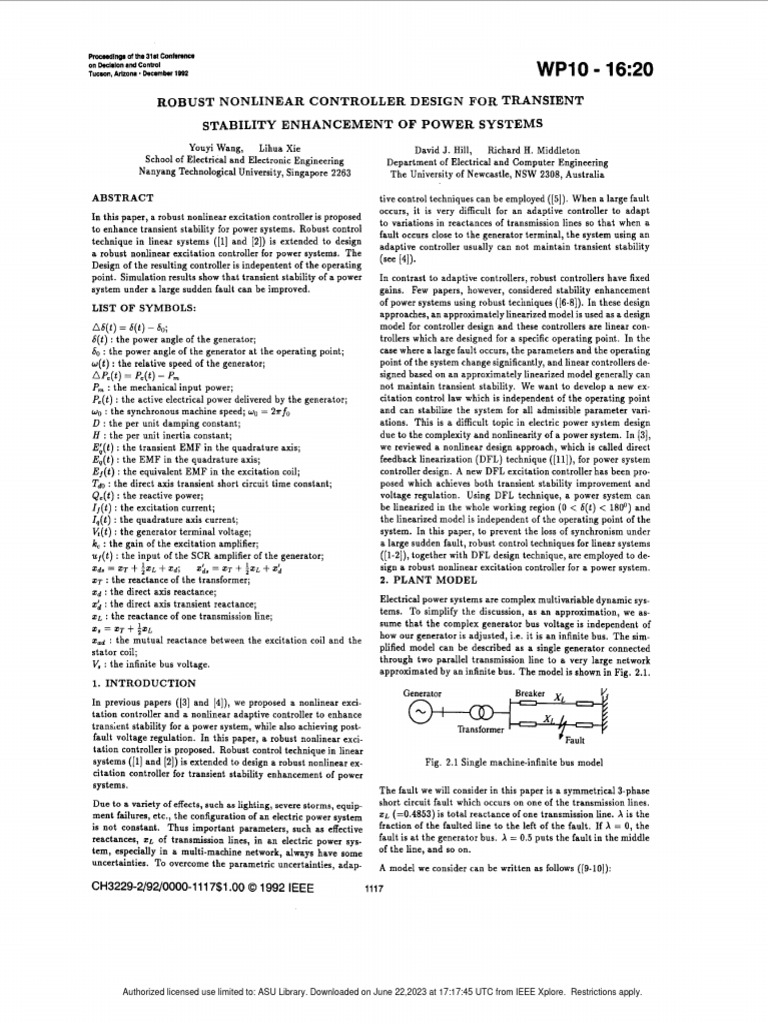 Robust Nonlinear Controller Design For Transient Stability Enhancement ...