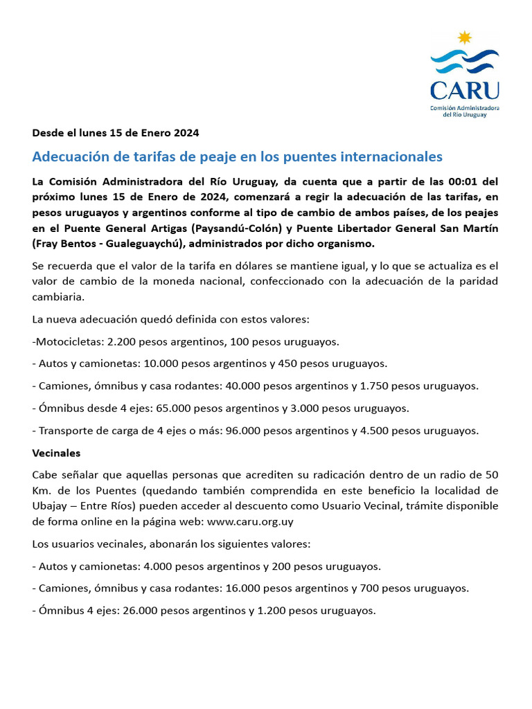 Tarifas de peaje 2024 en puentes internacionales | PDF