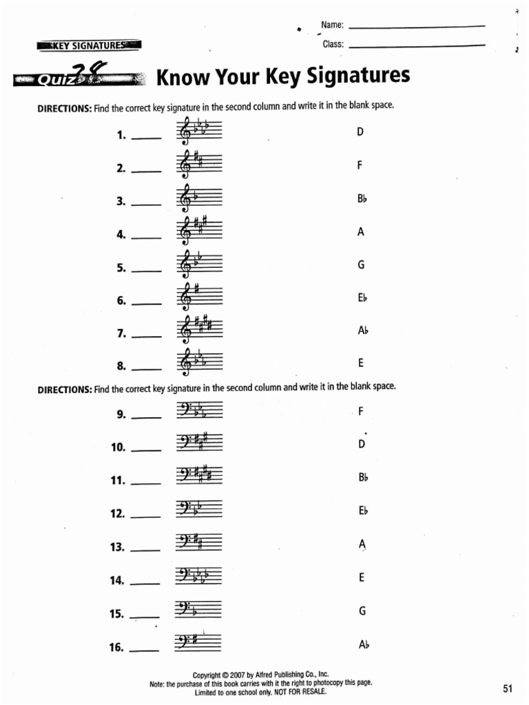 Key Signatures Worksheet PDF