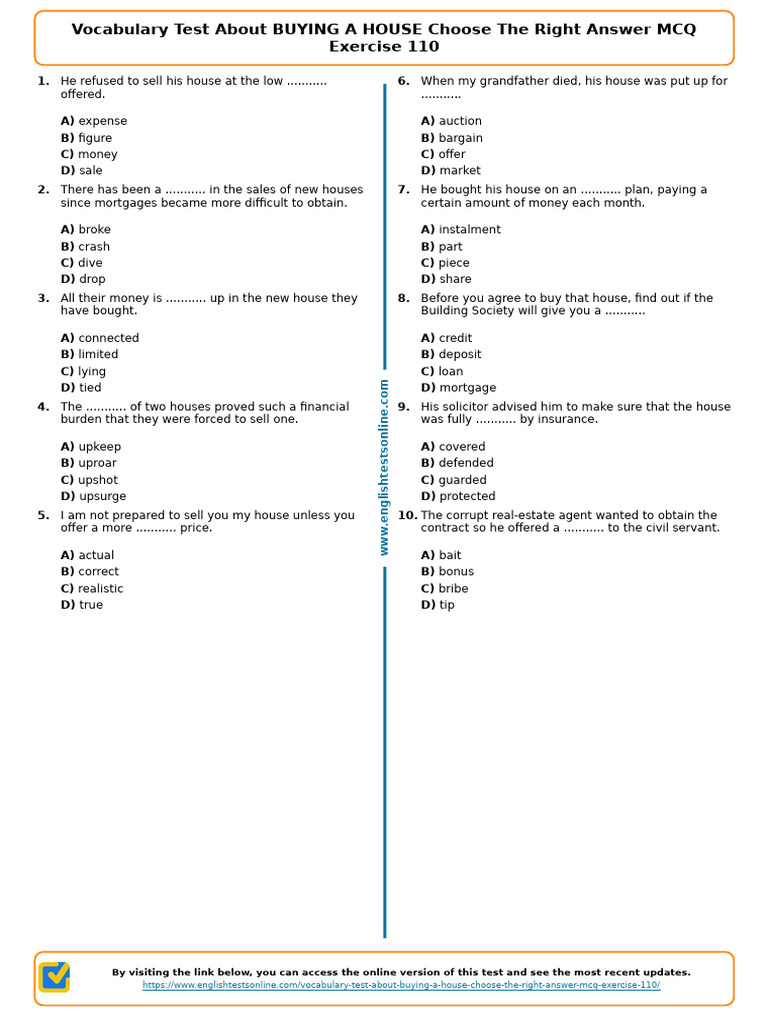 1023 - Vocabulary Test About Buying A House Choose The Right Answer MCQ Exercise 110 | PDF ...