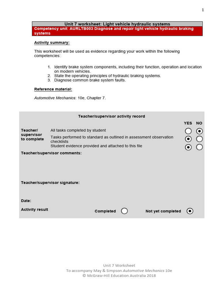 Hydraulic Braking Systems Worksheet | PDF | Brake | Valve
