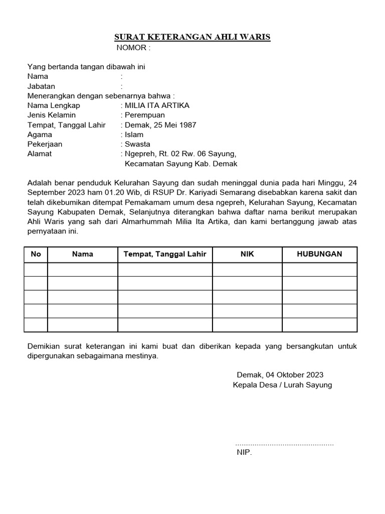 Surat Keterangan Ahli Waris 2023 PDF