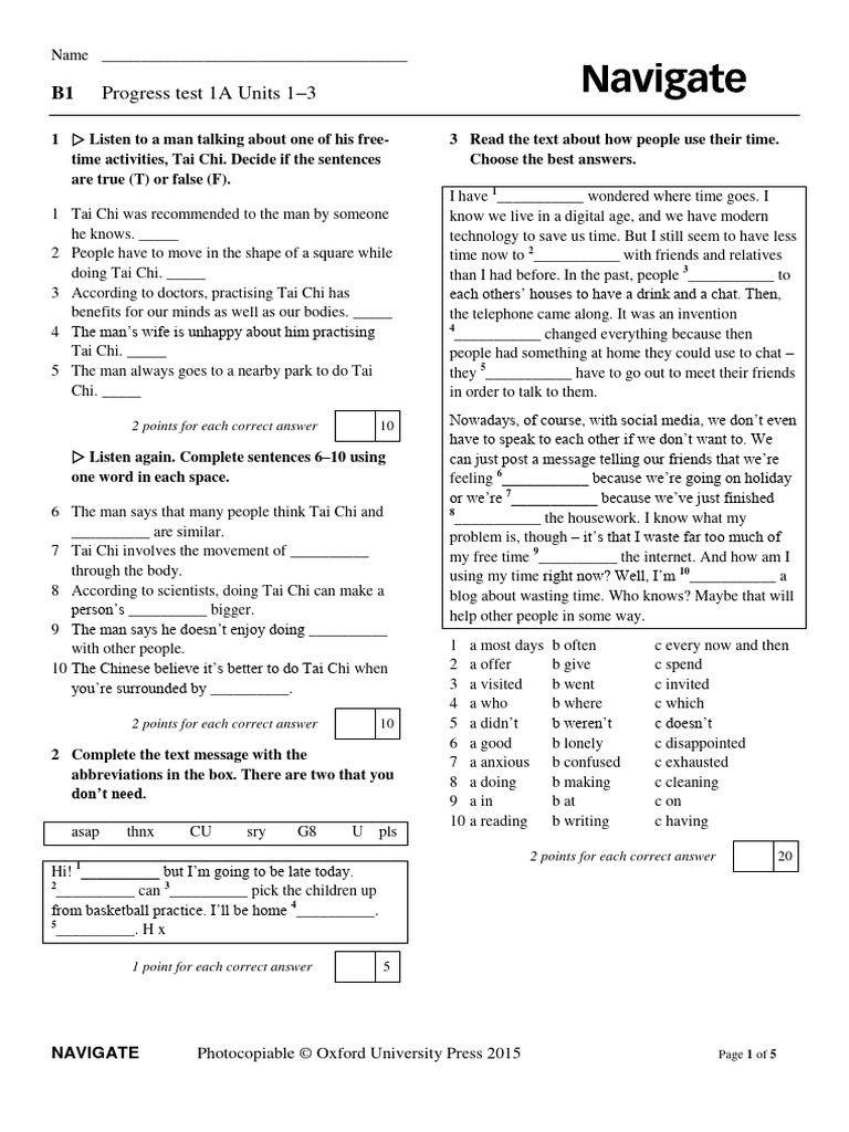 B1 Progress Test 1A Overview | PDF