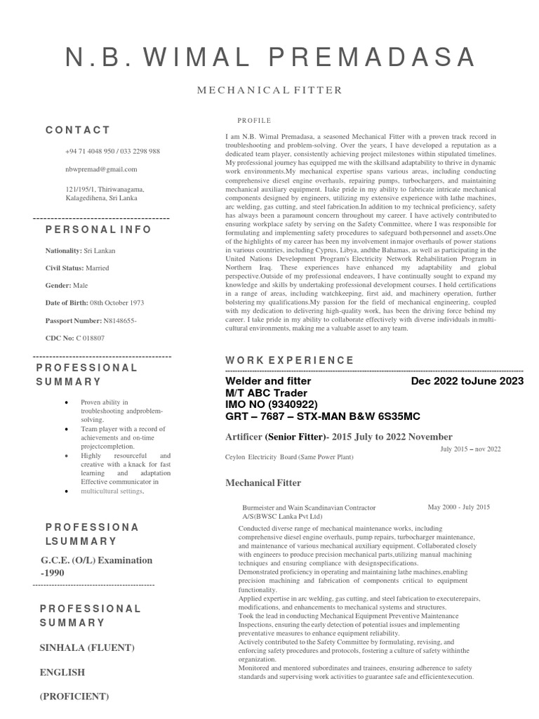 Wimal Premadasa: Mechanical Fitter Profile | PDF | Machinist | Engineering