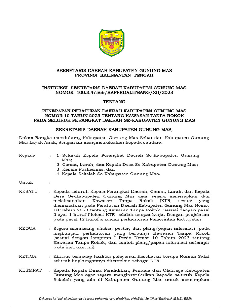 Instruksi Kawasan Tanpa Rokok Gunung Mas | PDF