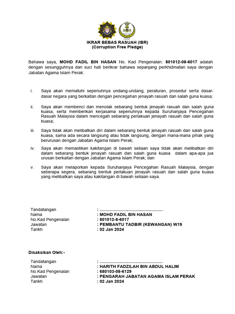 Template Ikrar Bebas Rasuah Plain | PDF