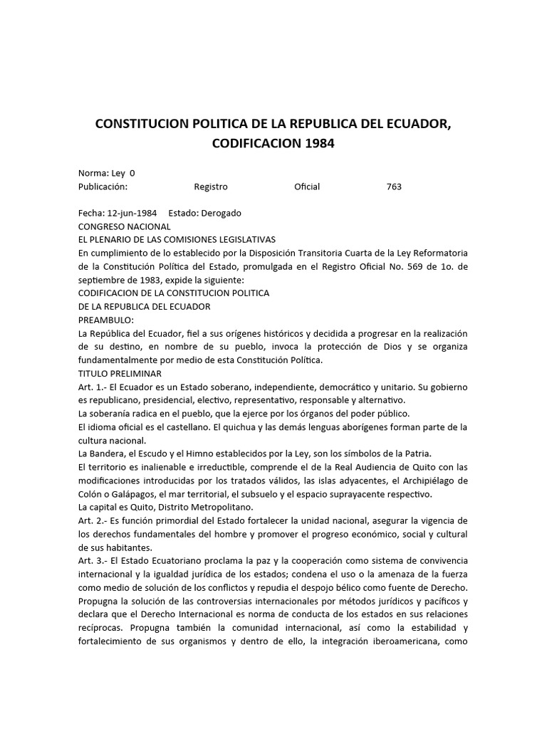 Constitución Política de La República Del Ecuador de 1984 PDF