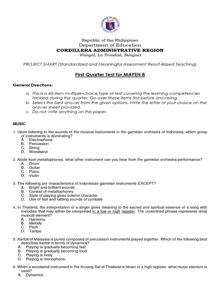 MAPEH 8 First Quarter Test Guide | PDF | Body Mass Index | Musical ...