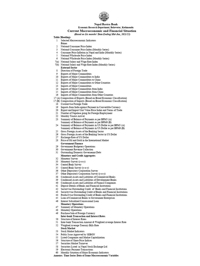 Current macroeconomic and financial situation tables based on six