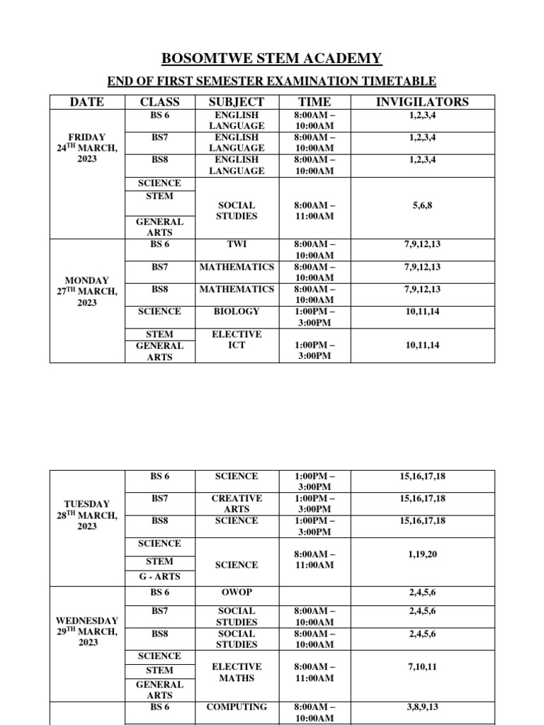 Examination Timetable Pdf Science Technology Engineering And