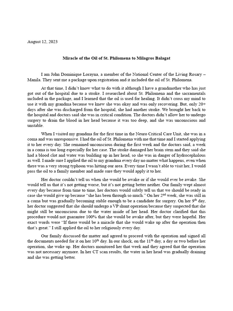 St. Philomena Oil Miracle On Milagros Balagat PDF