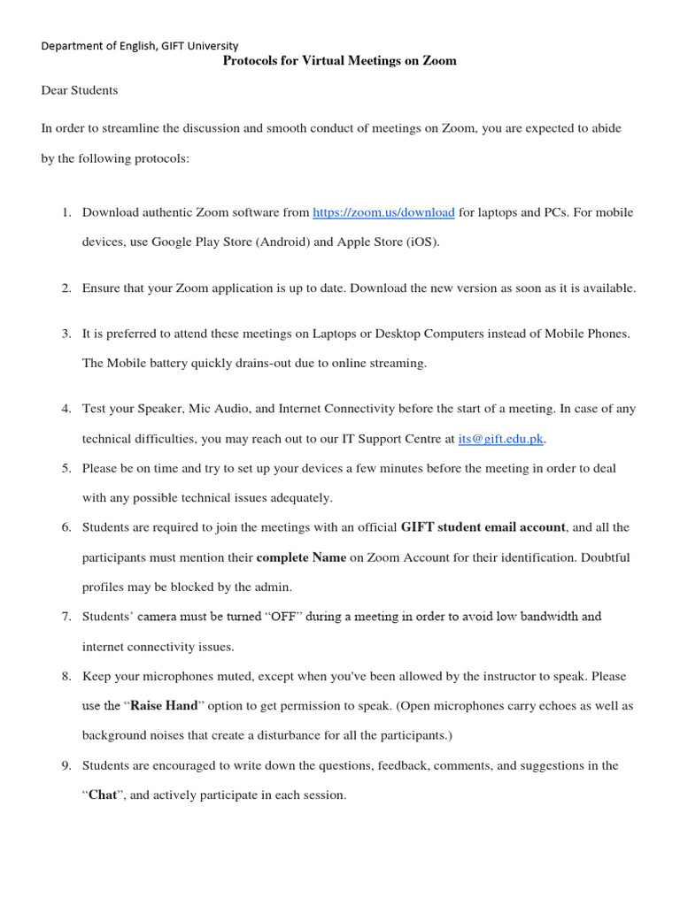 Zoom Meeting Protocols for Students | PDF