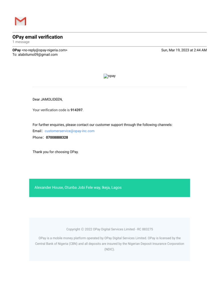 Gmail OPay Email Verification PDF