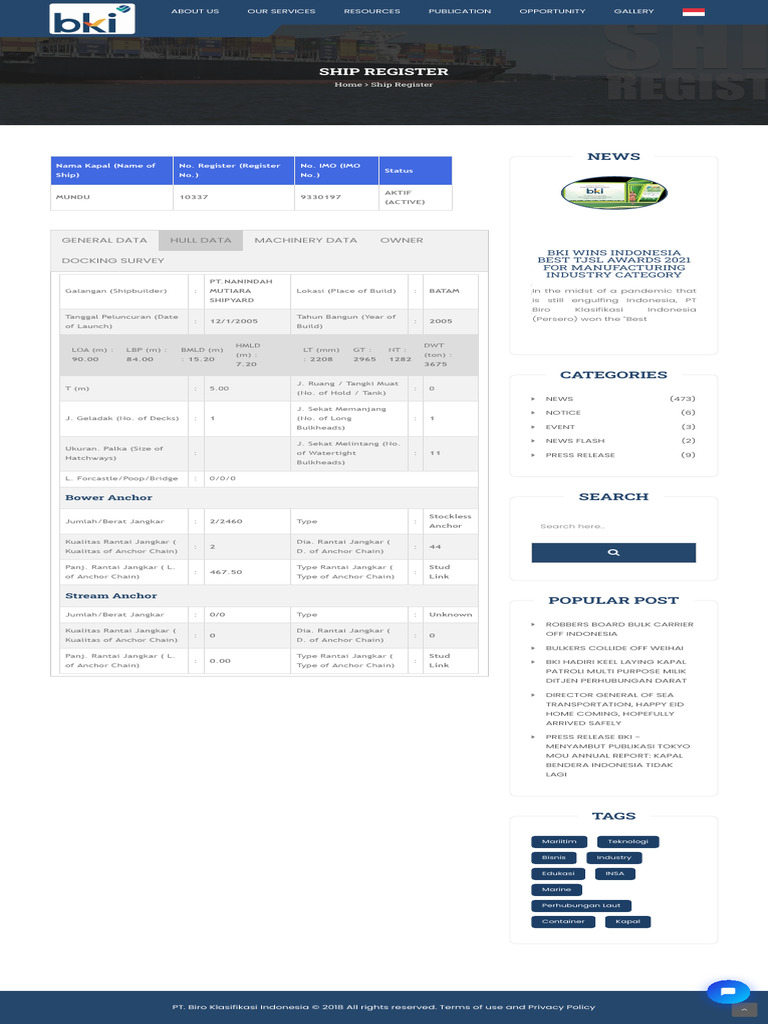 BKI Ship Register Details for MUNDU | PDF | Freight Transport | Watercraft