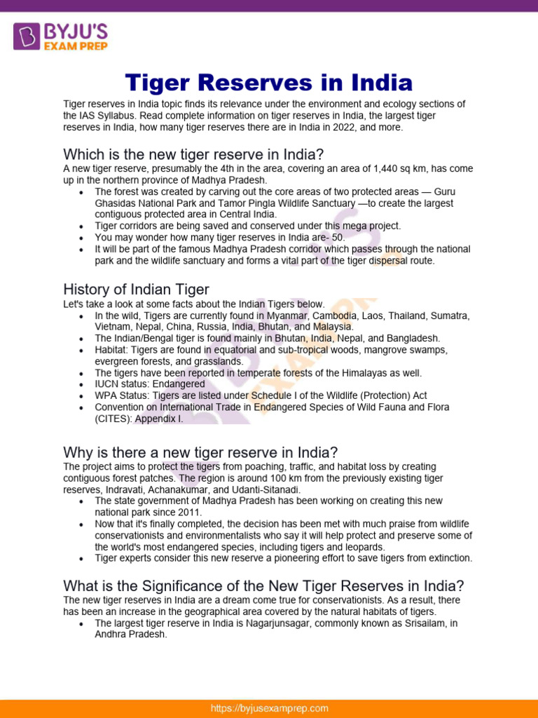 Overview of Tiger Reserves in India | PDF | Tiger | Poaching