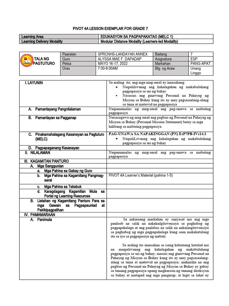Esp7 Lesson Exemplar Pdf