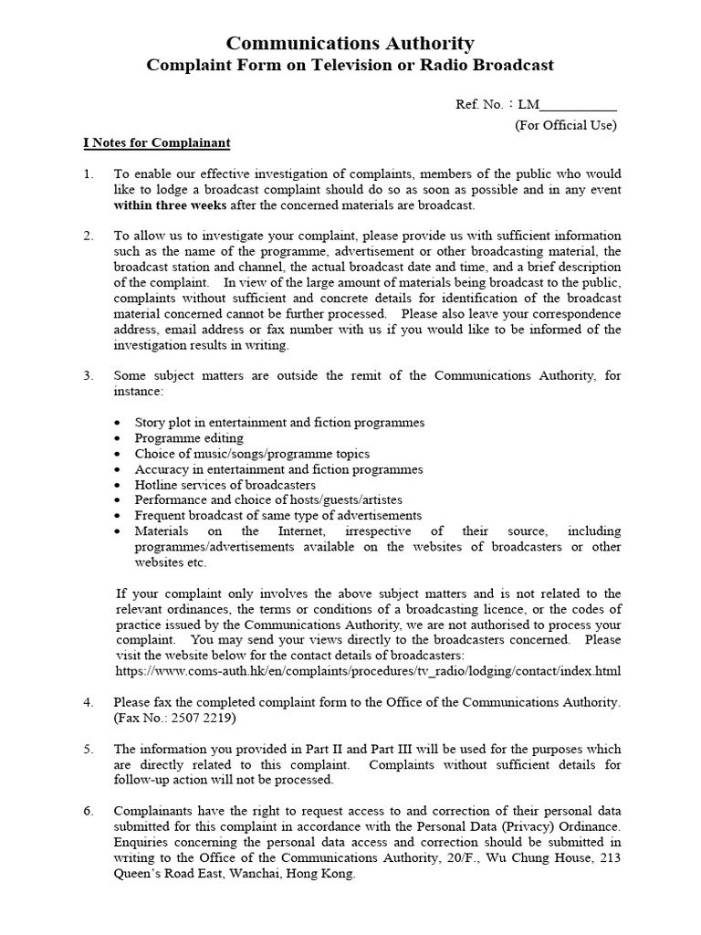 Broadcast Complaint Form Guide | PDF | Information And Communications ...